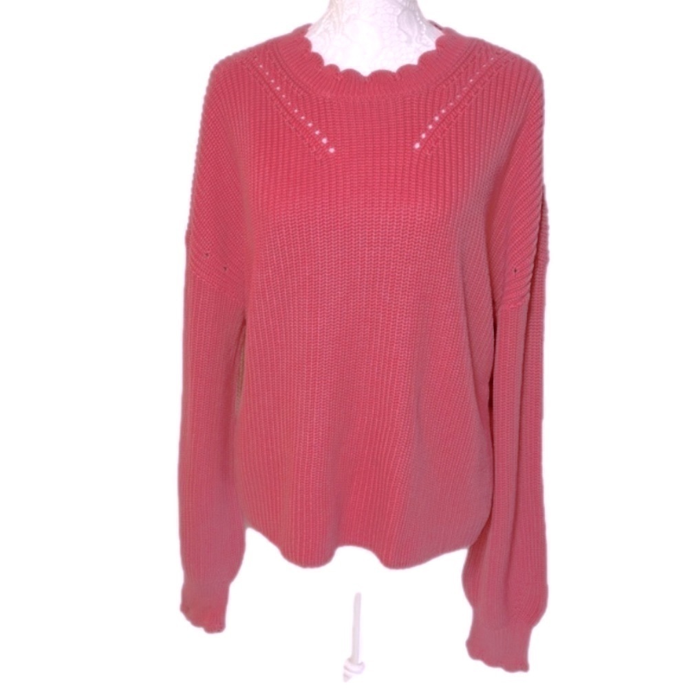 PAIGE Yenni Balloon Sleeve Sultry Rose Scalloped Crew Neck Sweater - Sz Med, NWT - Picture 2 of 14